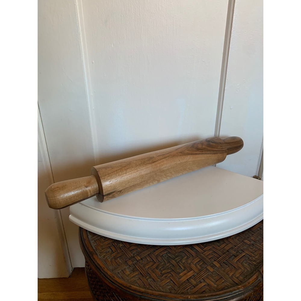 Vintage Solid Wood Rolling Pin with Handles Natural Grain Brown Kitchenware